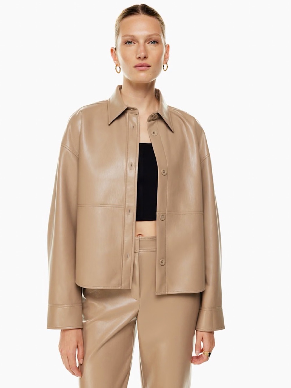 Babaton Taupe Leather Shirt Jacket